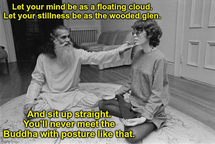 Dear Prudence | Let your mind be as a floating cloud. 
Let your stillness be as the wooded glen. And sit up straight. You'll never meet the Buddha with posture like that. | image tagged in prudence farrow,beatles | made w/ Imgflip meme maker