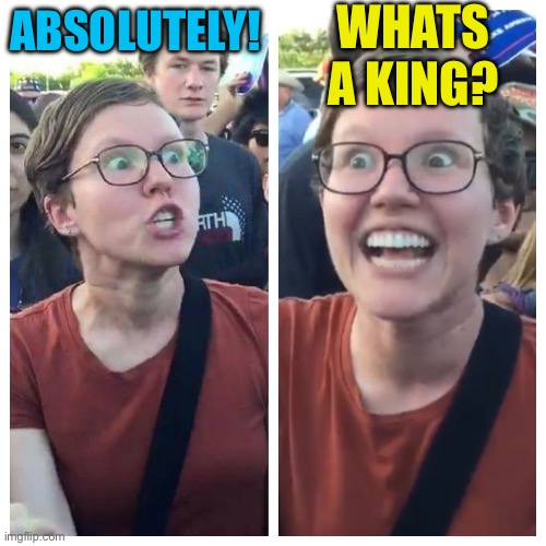 Absolutely! Whats a king? | image tagged in social justice warrior hypocrisy | made w/ Imgflip meme maker