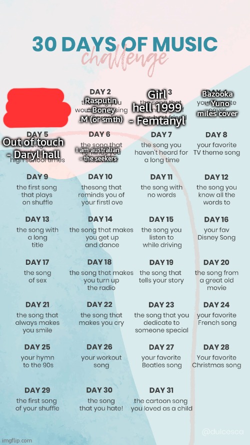 finished this with 6 minutes left in the day | Girl hell 1999 - Femtanyl; Bazooka - Yuno miles cover; Rasputin - Boney .M (or smth); Out of touch - Daryl hall; I am australian - the seekers | image tagged in h | made w/ Imgflip meme maker