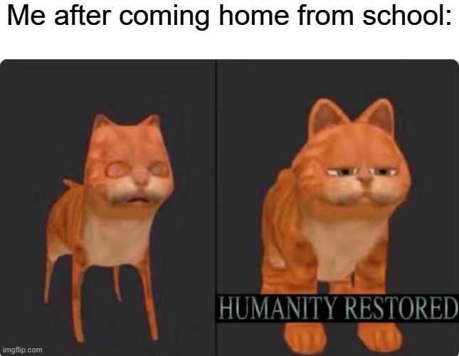 lol | Me after coming home from school: | image tagged in humanity restored,school | made w/ Imgflip meme maker