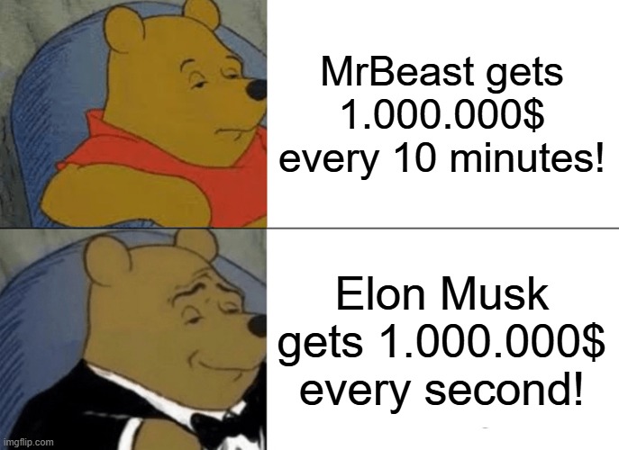 Famous people explaining how much money they getting! | MrBeast gets 1.000.000$ every 10 minutes! Elon Musk gets 1.000.000$ every second! | image tagged in memes,tuxedo winnie the pooh,funny memes,elon musk,mrbeast | made w/ Imgflip meme maker