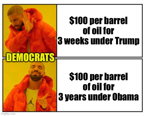 It was OK for Dems back then | $100 per barrel of oil for
3 weeks under Trump; Democrats; $100 per barrel of oil for
3 years under Obama | image tagged in no - yes,liberal logic | made w/ Imgflip meme maker