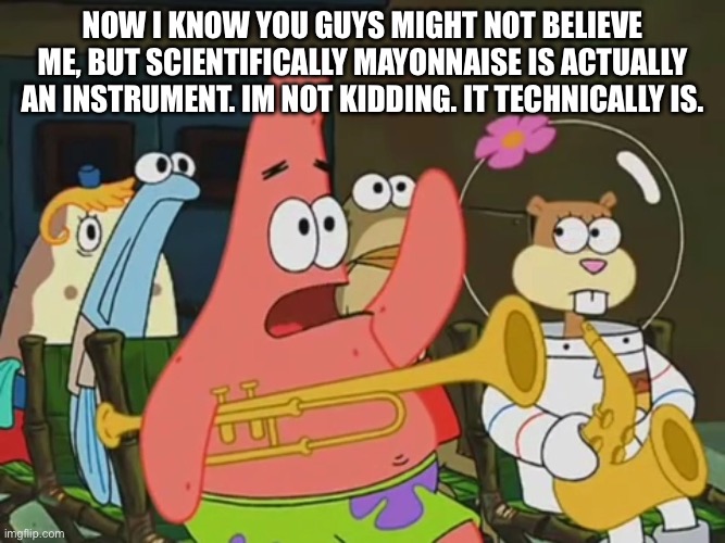 Is mayonnaise an instrument? | Now I know you guys might not believe me, but scientifically mayonnaise is actually an instrument. Im not kidding. It technically is. | image tagged in is mayonnaise an instrument,i wish i was kidding | made w/ Imgflip meme maker