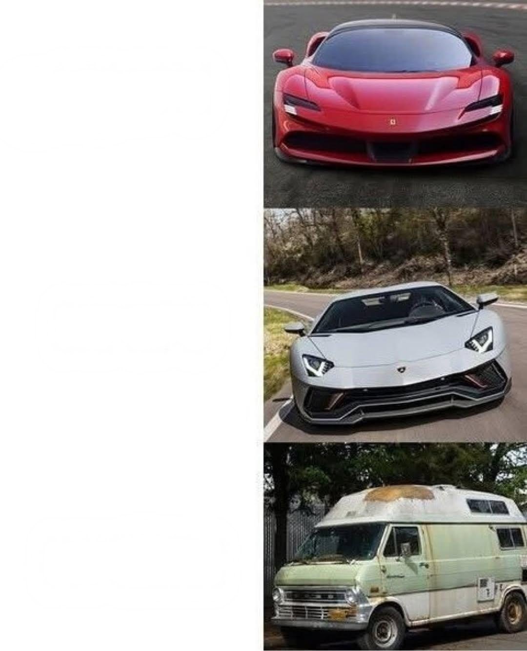 Lamborghini vs Ferrari vs Clunker Blank Meme Template