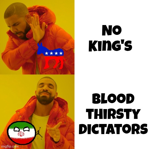 If it only made sense . . . | No
King's; Blood thirsty Dictators | image tagged in drake hotline bling,no kings protest,insanity,liberalism,mental health problem,liberal hypocrisy | made w/ Imgflip meme maker