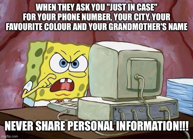 Come on baby, whats the name? | When they ask you "just in case" for your phone number, your city, your favourite colour and your grandmother's name; Never share personal information!!! | image tagged in come on baby whats the name,remix | made w/ Imgflip meme maker