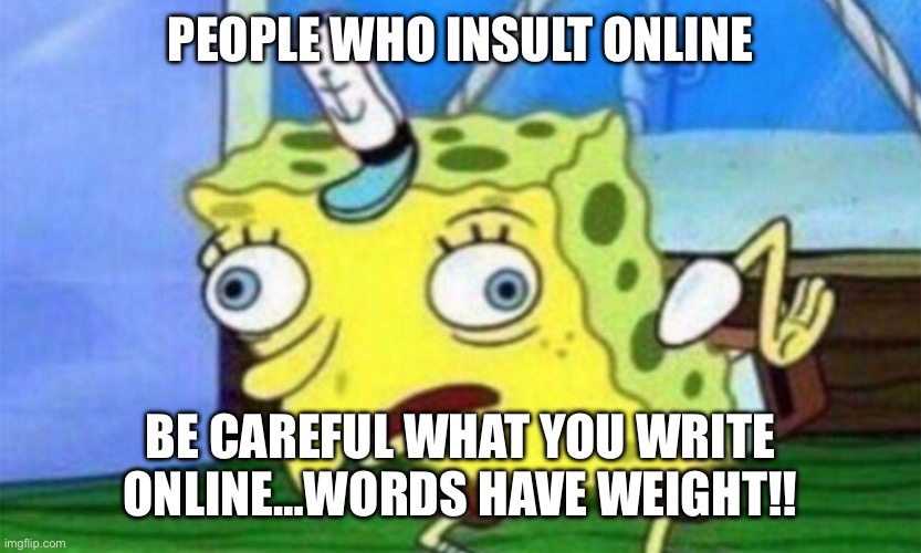 spongebob stupid | People who insult online; Be careful what you write online…words have weight!! | image tagged in spongebob stupid | made w/ Imgflip meme maker