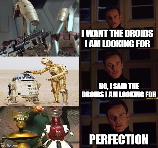 Droids | I want the droids I am looking for; No, I said the droids I am looking for; Perfection | image tagged in perfection | made w/ Imgflip meme maker