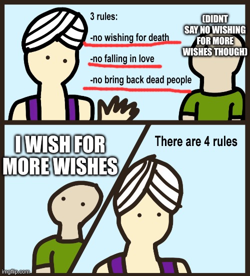 There are 4 rules | (DIDNT say no wishing for more wishes though); I wish for more wishes | image tagged in there are 4 rules | made w/ Imgflip meme maker