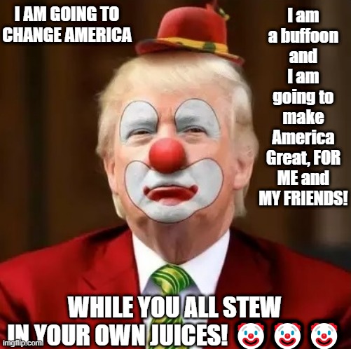 President Trump | I am going to change America; I am a buffoon and I am going to make America Great, FOR ME and MY FRIENDS! While you all stew in your own juices! 🤡🤡🤡 | image tagged in donald trump clown | made w/ Imgflip meme maker
