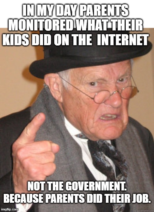 In my day parents monitored what their kids did on the  internet | In my day parents monitored what their kids did on the  internet; not the government. Because parents did their job. | image tagged in memes,back in my day,politics,parents,digital id | made w/ Imgflip meme maker
