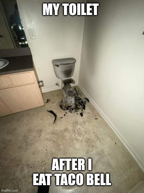 exploded toilet | My toilet After I eat Taco Bell | image tagged in exploded toilet | made w/ Imgflip meme maker