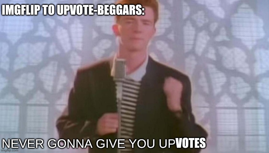 Never Gonna Give You Upvotes | iMGFLIP TO UPVOTE-BEGGARS:; NEVER GONNA GIVE YOU UP; VOTES | image tagged in never gonna give you up | made w/ Imgflip meme maker
