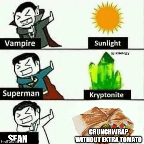 It’s my weakness | crunchwrap without extra tomato; Sean | image tagged in weakness | made w/ Imgflip meme maker