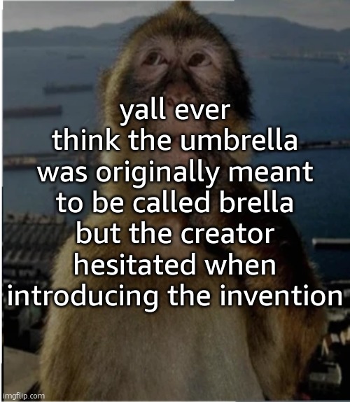 showah thoughts | yall ever think the umbrella was originally meant to be called brella but the creator hesitated when introducing the invention | image tagged in thinking monkey | made w/ Imgflip meme maker