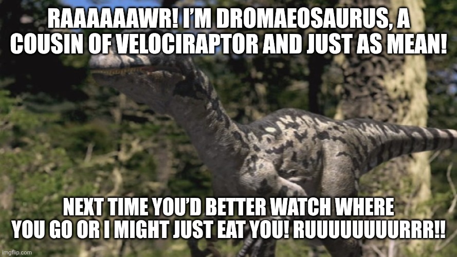 Dromaeosaurus | Raaaaaawr! I’m Dromaeosaurus, a cousin of Velociraptor and just as mean! Next time you’d better watch where you go or I might just eat you! Ruuuuuuuurrr!! | image tagged in dromaeosaurus | made w/ Imgflip meme maker