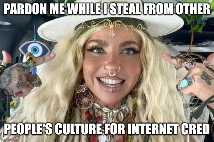 Little Miss Cultural Appropriation | pardon me while i steal from other; people's culture for internet cred | image tagged in shanin blake hippie singer,cultural appropriation,hippie,youtube,instagram | made w/ Imgflip meme maker