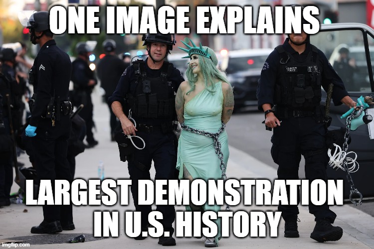 Liberty Trump porotest | One image explains; largest demonstration 
in U.S. history | image tagged in trump,protest,lady,liberty | made w/ Imgflip meme maker