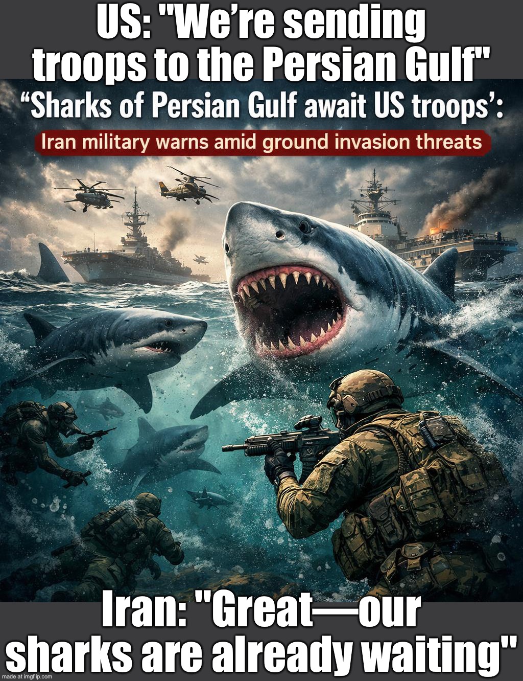 US: "We’re sending troops to the Persian Gulf"; Iran: "Cool. The sharks are already deployed." | US: "We’re sending troops to the Persian Gulf"; Iran: "Great—our sharks are already waiting" | image tagged in us israel iran war world war 3 dlc,persian,iran,world war 3,sharks,donald trump | made w/ Imgflip meme maker