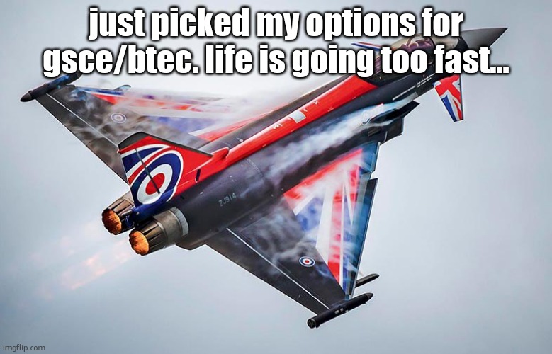 Eurofighter Typhoon | just picked my options for gsce/btec. life is going too fast... | image tagged in eurofighter typhoon | made w/ Imgflip meme maker