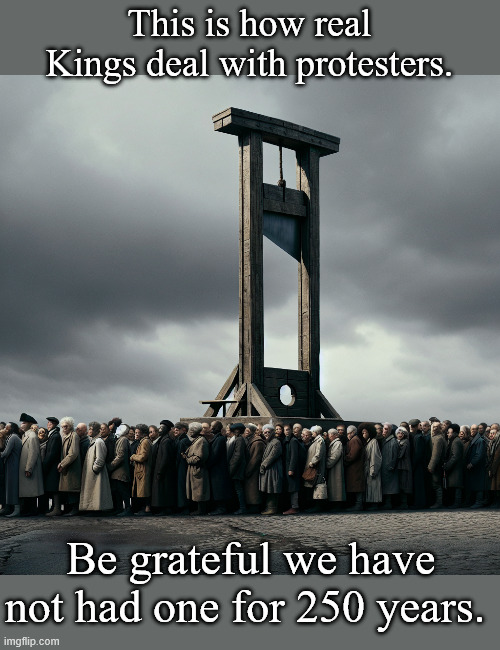 To Those Who Have a Warm Feeling for Protesting Yesterday | This is how real Kings deal with protesters. Be grateful we have not had one for 250 years. | image tagged in a guillotine with a long line of people waiting | made w/ Imgflip meme maker