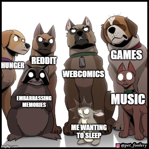 Animals staring at rabbit | Hunger Reddit Webcomics Games Embarrassing memories Music Me wanting to sleep | image tagged in animals staring at rabbit | made w/ Imgflip meme maker