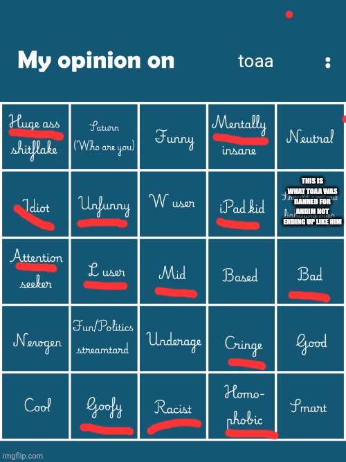 mmmh tasty susie | toaa; this is what toaa was banned for andim not ending up like him | image tagged in my opinion on user bingo fries/gelatin's version | made w/ Imgflip meme maker