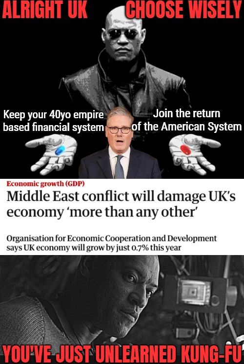 Short version. Imperialist globalism goes down. Former UK enforcer (U.S) has new strong allies at the table | Alright UK        choose wisely; Keep your 40yo empire based financial system; Join the return of the American System | image tagged in iran,uk,economy,globalism,morpheus matrix blue pill red pill | made w/ Imgflip meme maker