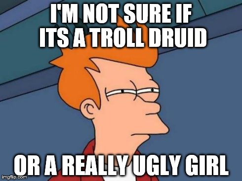 Futurama Fry | I'M NOT SURE IF ITS A TROLL DRUID OR A REALLY UGLY GIRL | image tagged in memes,futurama fry | made w/ Imgflip meme maker