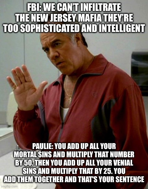 Paulie Sopranos | FBI: We can’t infiltrate the New Jersey mafia they’re too sophisticated and intelligent; Paulie: You add up all your mortal sins and multiply that number by 50. Then you add up all your venial sins and multiply that by 25. You add them together and that's your sentence | image tagged in paulie sopranos | made w/ Imgflip meme maker