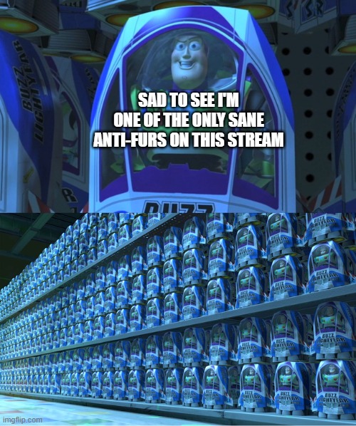 Ya'll sound like a broken record | Sad to see I'm one of the only sane anti-furs on this stream | image tagged in buzz lightyear clones | made w/ Imgflip meme maker