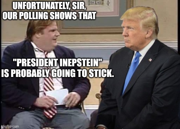 Epstein: Always with him | UNFORTUNATELY, SIR, OUR POLLING SHOWS THAT; "PRESIDENT INEPSTEIN" IS PROBABLY GOING TO STICK. | image tagged in chris farley and trump,jeffrey epstein,donald trump,pedophile,maga | made w/ Imgflip meme maker