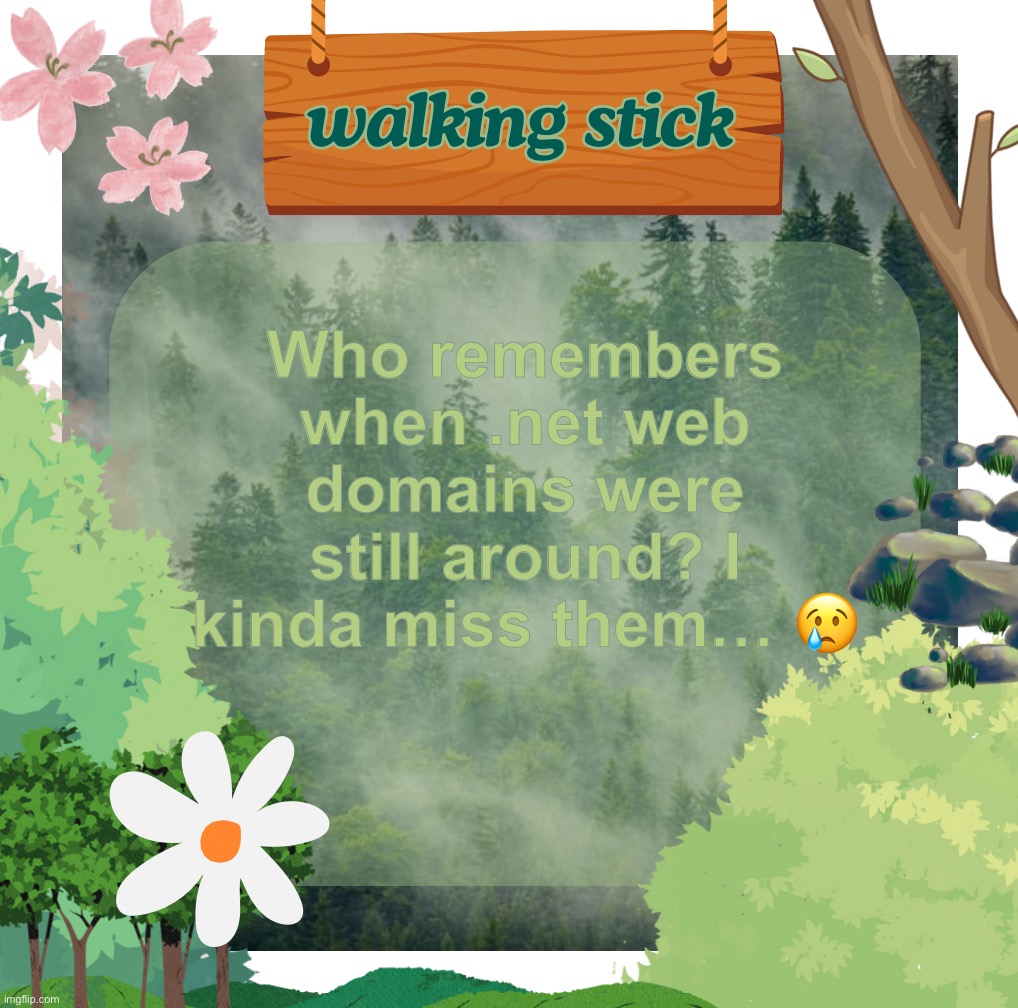 and .blog | Who remembers when .net web domains were still around? I kinda miss them… 😢 | image tagged in the walking stick announcement temp made by shira,msmg | made w/ Imgflip meme maker