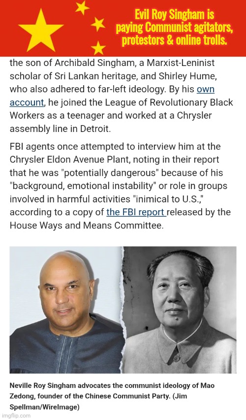 Evil Roy Singham's crackpot background | Evil Roy Singham is paying Communist agitators, protestors & online trolls. | image tagged in china flag,evil cows | made w/ Imgflip meme maker