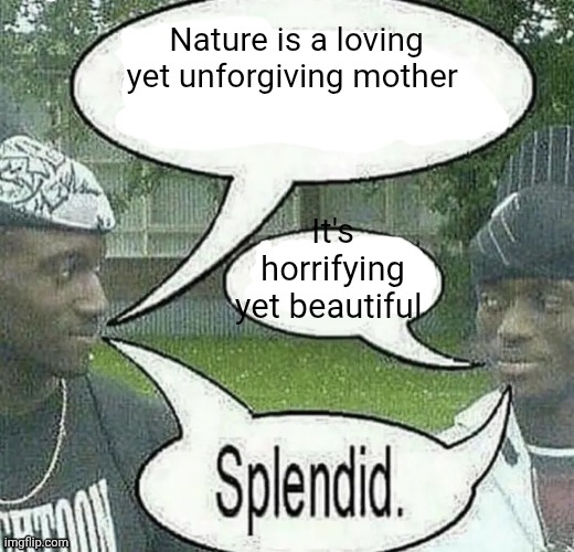 A change of pace from my last posts | Nature is a loving yet unforgiving mother; It's horrifying yet beautiful | image tagged in we sell crack splendid | made w/ Imgflip meme maker