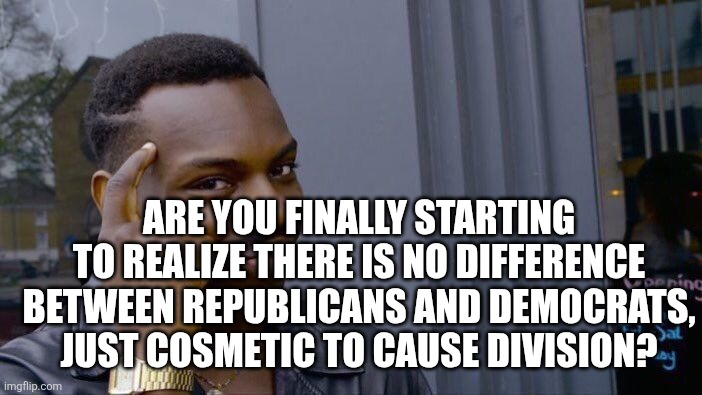 Are you finally starting to realize there is no difference between Republicans and democrats, just cosmetic to cause division? | image tagged in memes,roll safe think about it | made w/ Imgflip meme maker