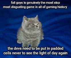 who am I impersonating | fall guys is genuinely the most slop most disgusting game in all of gaming history; the devs need to be put in padded cells never to see the light of day again | image tagged in this cat is wrong for laughing | made w/ Imgflip meme maker