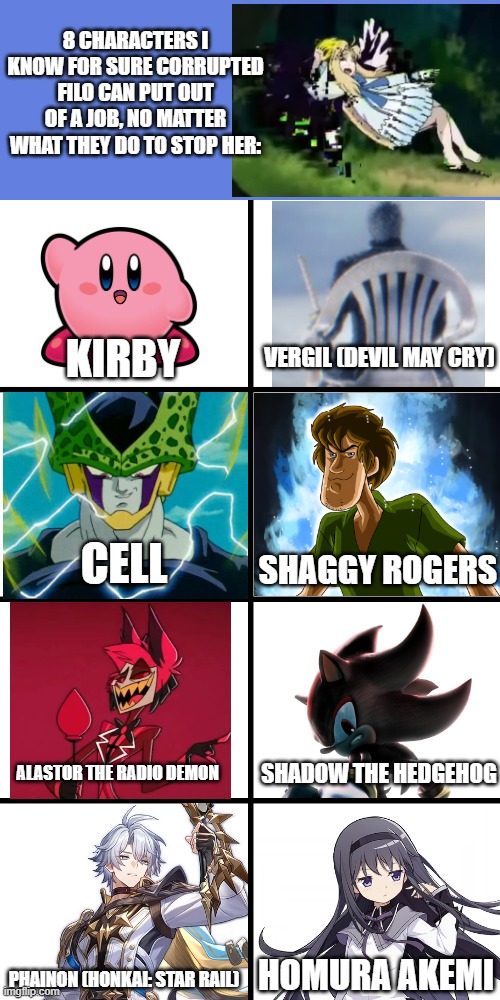 The darkness made her THAT powerful (Source is Friday Night Funkin' Glitched Legends) | 8 Characters I know for sure Corrupted Filo can put out of a job, no matter what they do to stop her:; Vergil (Devil May Cry); Kirby; Cell; Shaggy Rogers; Shadow the Hedgehog; Alastor the Radio Demon; Homura Akemi; Phainon (Honkai: Star Rail) | image tagged in filo,rising of the shield hero,fnf,friday night funkin,pibby,corruption | made w/ Imgflip meme maker