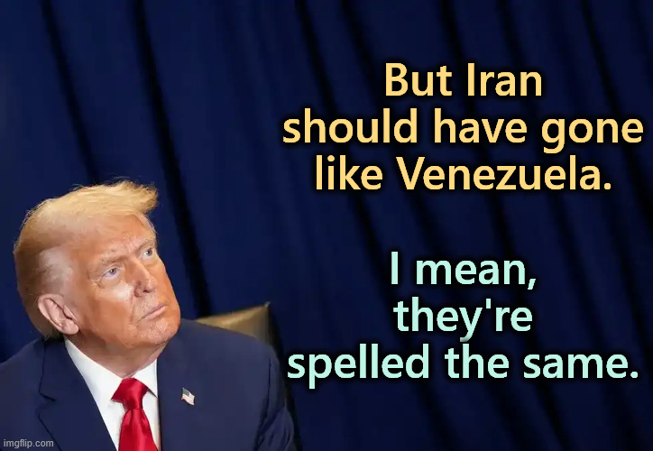 Idiot. | But Iran should have gone like Venezuela. I mean, they're spelled the same. | image tagged in trump,war,iran,idiot,venezuela,wrong | made w/ Imgflip meme maker
