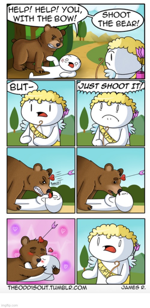 The Odd 1s Out | image tagged in comics,the odd 1s out,bear,cupid,arrow,love | made w/ Imgflip meme maker