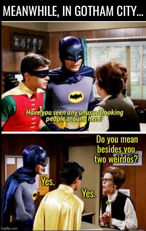 Don’t ask questions that you don’t want answered… | Meanwhile, in Gotham City… | image tagged in batman,robin,gotham city,unusual looking people,weirdos,questions | made w/ Imgflip meme maker
