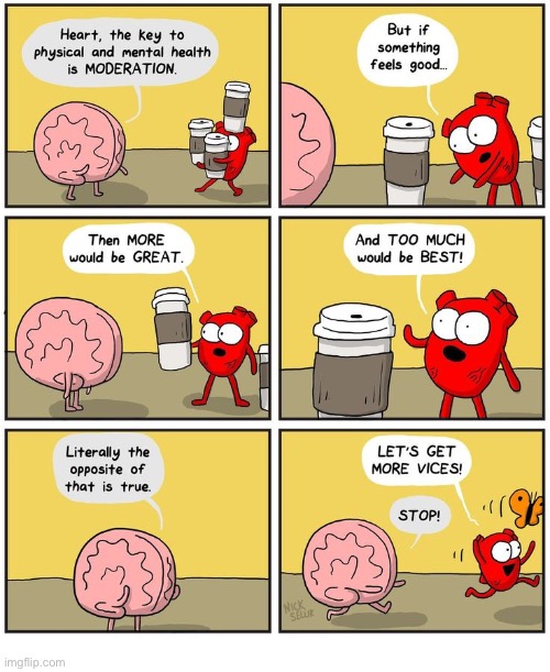 Heart & Brain | image tagged in comics,the awkward yeti,heart and brain,vices,more,too much | made w/ Imgflip meme maker