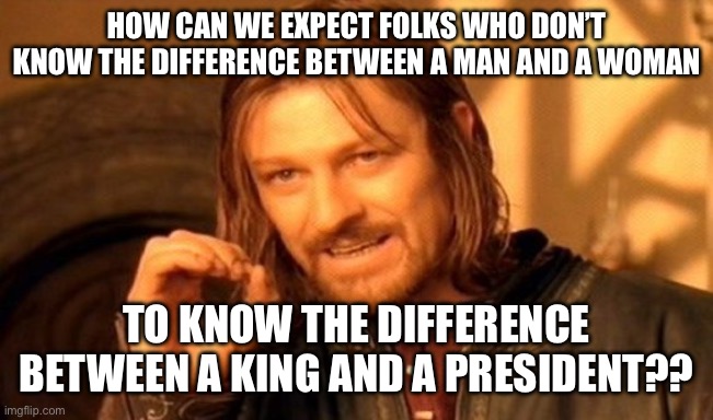 One Does Not Simply Meme | How can we expect folks who don’t know the difference between a man and a woman; To know the difference between a King and a President?? | image tagged in memes,one does not simply | made w/ Imgflip meme maker
