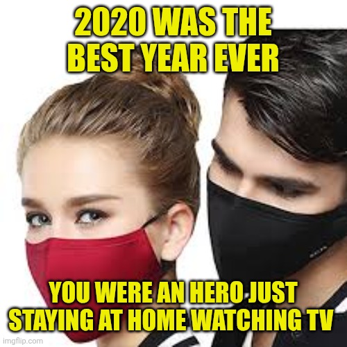 Mask Couple | 2020 was the best year ever; You were an hero just staying at home watching TV | image tagged in mask couple | made w/ Imgflip meme maker