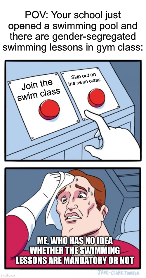 I don’t know whether I should join in or not, and I’m torn between both, so what do you think I should do? | POV: Your school just opened a swimming pool and there are gender-segregated swimming lessons in gym class:; Skip out on the swim class; Join the swim class; Me, who has no idea whether the swimming lessons are mandatory or not | image tagged in memes,two buttons,swimming pool,school,funny,oh wow are you actually reading these tags | made w/ Imgflip meme maker