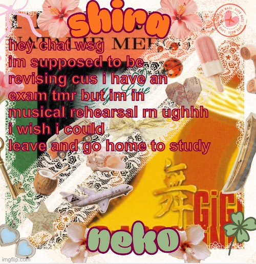 neko and shira shared temp <3 | hey chat wsg 
im supposed to be revising cus i have an exam tmr but im in musical rehearsal rn ughhh
i wish i could leave and go home to study | image tagged in neko and shira shared temp 3 | made w/ Imgflip meme maker