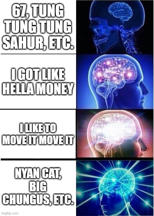 memes according to the brain. | 67, tung tung tung sahur, etc. i got like hella money; i like to move it move it; nyan cat, big chungus, etc. | image tagged in memes,expanding brain | made w/ Imgflip meme maker