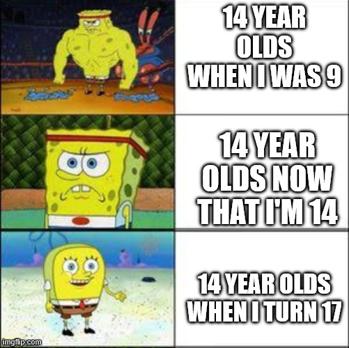 SpongeBob strong to weak | 14 year olds when i was 9; 14 year olds now that i'm 14; 14 year olds when i turn 17 | image tagged in spongebob strong to weak | made w/ Imgflip meme maker