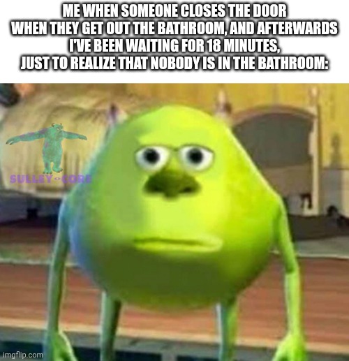 WHY | Me when someone closes the door when they get out the bathroom, and afterwards I've been waiting for 18 minutes, just to realize that nobody is in the bathroom: | image tagged in monsters inc | made w/ Imgflip meme maker