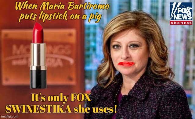 Pigstick | When Maria Bartiromo puts lipstick on a pig; It's only FOX SWINESTIKA she uses! | image tagged in pigstick,foxaganda,lipstick on a pig,maria bartiromo,fox nazi news,foxcists | made w/ Imgflip meme maker